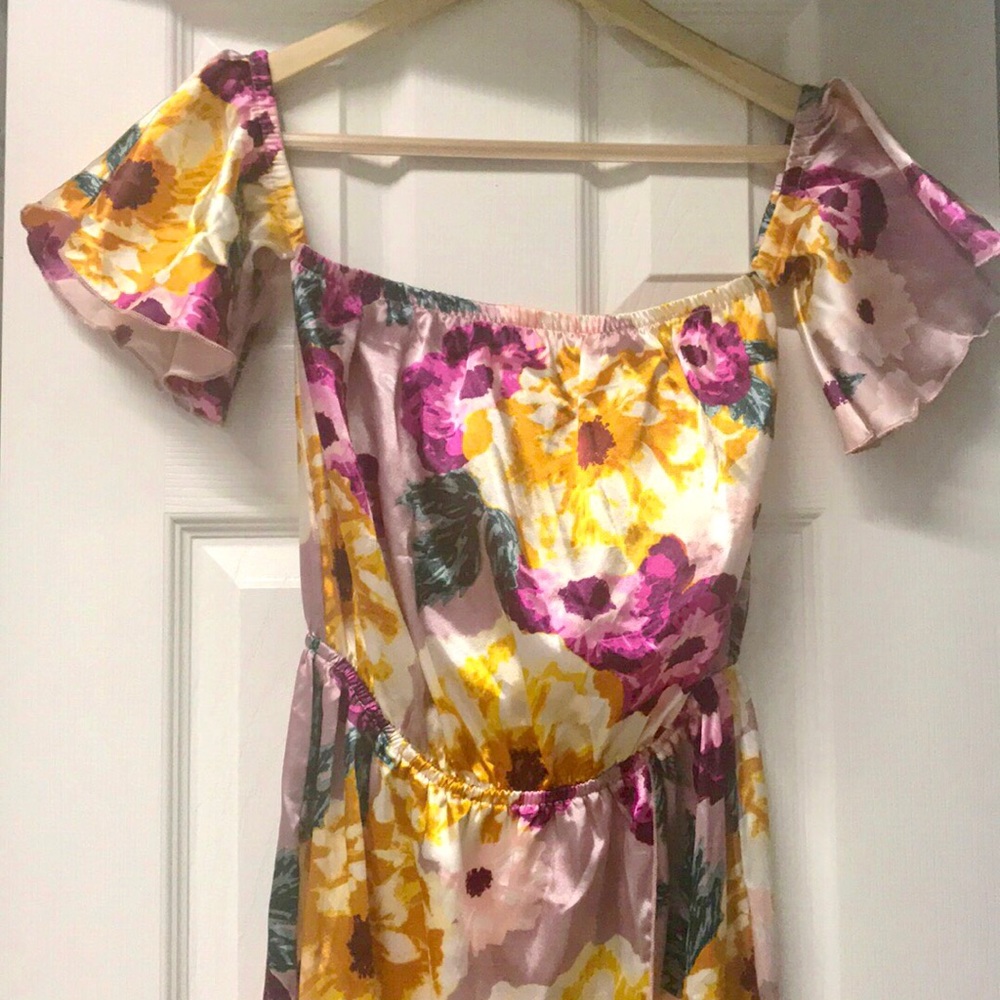 Floral off shoulder, front slit dress